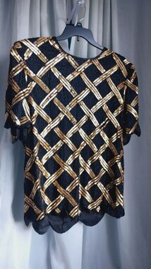 Scala Vintage Black Gold 100% Silk Sequin Blouse Top Size 3x (large)